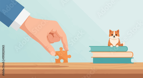 Hand places puzzle piece on desk with books and cute dog