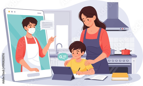 Mother and son engage in online learning guided by a masked instructor on a tablet