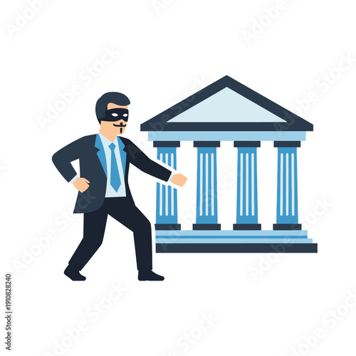 Cartoon illustration of a masked person in a suit running away from a classical building with columns, symbolizing a thief, hacker, or financial crime.