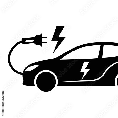Black silhouette of an electric car with charging cable and lightning bolts, symbolizing sustainable transportation and energy.
