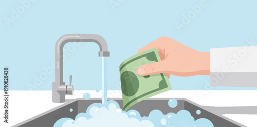 Hand holding money under running water in a soapy sink