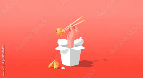 Hand holding fortune cookie with chopsticks from takeout box