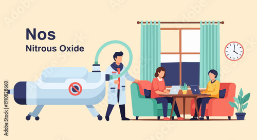 Medical equipment dispenses nitrous oxide to people working on laptops