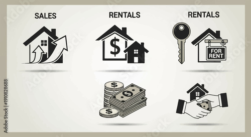 Icons depict real estate sales, rentals, and financial transactions