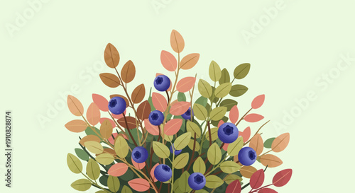 Illustrated close-up of a blueberry bush with ripe berries and autumnal leaves