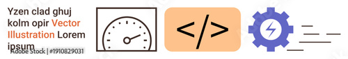 Technology, coding, system optimization, web development, process automation, user interfaces. A speedometer, coding tag and gear with lightning bolt. Technology and system optimization concept