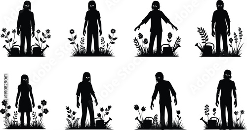 Children gardening silhouettes with flowers and watering cans vector illustration outdoor nature activity collection isolated design
