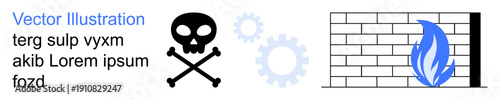 Cybersecurity, system protection, firewall defense, data threats, technical risks, malicious attacks. Skull and crossbones, firewall blue flame gears. Cybersecurity and system protection concept