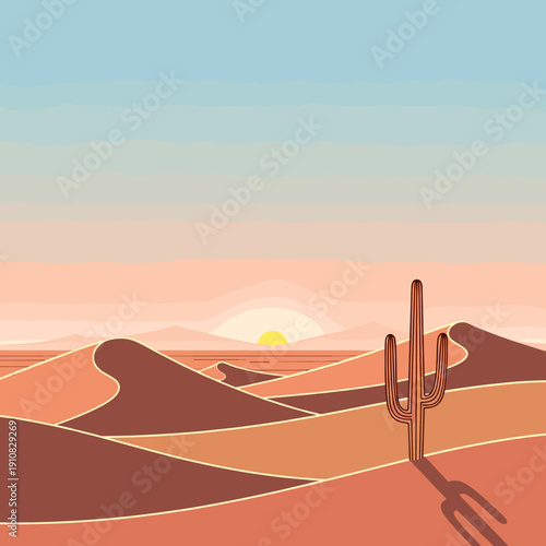 A minimalist illustration of a desert landscape with sand dunes and a saguaro cactus at sunset.