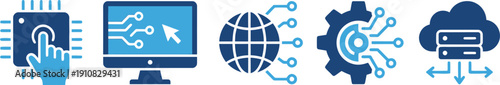 Digital technology icons representing global networking cloud computing and artificial intelligence concepts