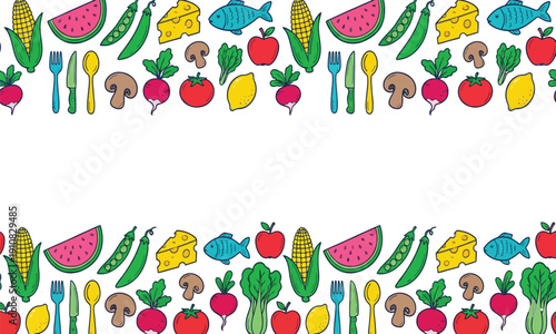 A cheerful border pattern features a delightful variety of fresh produce fish cheese and cutlery