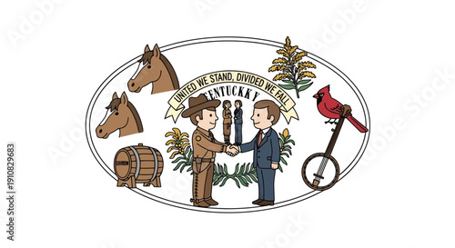 Kentucky state seal illustration featuring horses, cardinal, goldenrod, and handshake agreement
