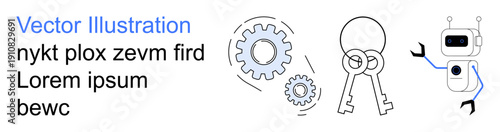 Cybersecurity, technology systems, robotics automation, data security, access control, digital solutions. Gears, keys and a minimal robot design. Cybersecurity and robotics automation concept