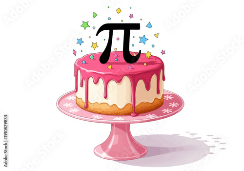 Pi symbol over pink drip cake on pedestal stand