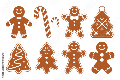 A collection of festive gingerbread cookies and candy canes on a white background