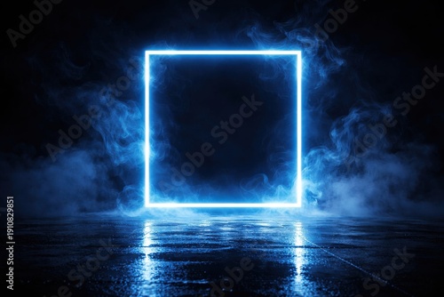 Luminous blue neon square frame glowing in dark smoky environment with reflective surface