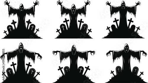 Grim reaper silhouettes rising from graveyard vector illustration spooky halloween horror character collection isolated design set
