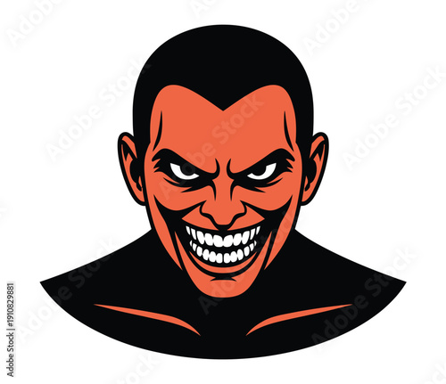 A cartoon illustration of a man with a menacing grin and evil eyes
