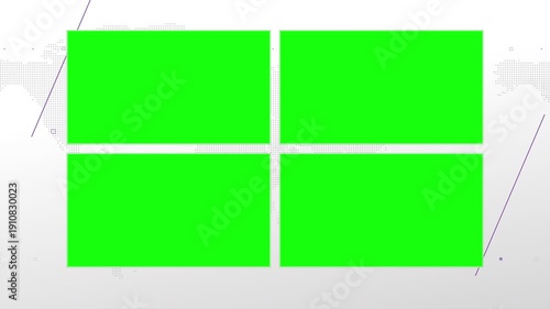 Four box split screen for news, interviews, live broadcast, tv shows, live streaming. Green chroma key cut, 4K loopable world map background with purple elements, simplicity and minimalism design.