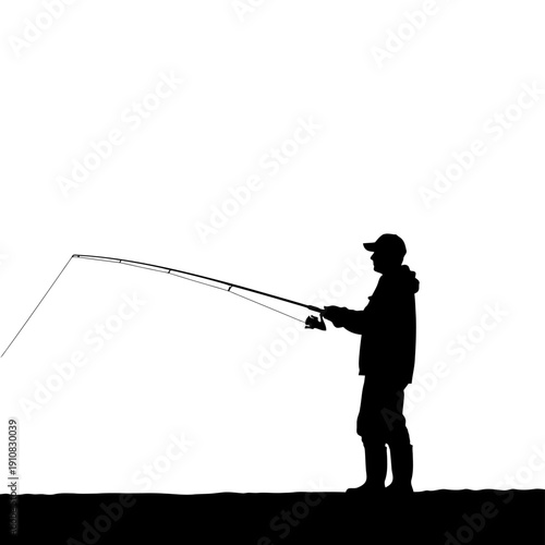 Silhouette of a fisherman casting a fishing rod on a bright day.
