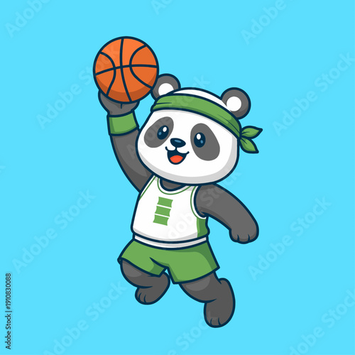 A dynamic vector illustration featuring a cute panda wearing a green bamboo-themed team uniform performing an energetic slam dunk with a basketball.