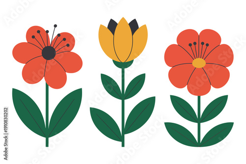 A colorful illustration of three cartoon flowers on green stems with leaves on a white background