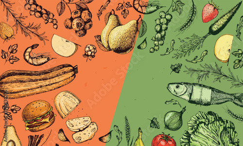 Hand drawn illustration of diverse food categories representing healthy and indulgent dietary choices