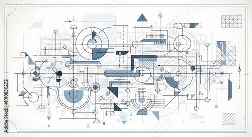 A highly intricate abstract blueprint composed of numerous geometric shapes, intersecting circles, lines, and directional arrows.