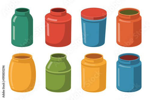 A colorful illustration of eight jars in various shapes and sizes on a white background