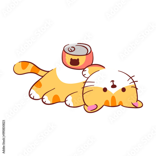 A cat is lying down with a can of food on its belly. Hand-drawn.