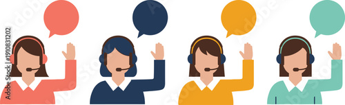 A colorful vector illustration of four customer service representatives wearing headsets and speaking in speech bubbles