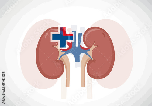 Human kidneys with medical cross symbol illustration