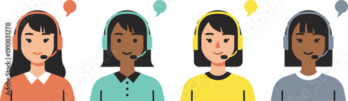 A diverse group of customer service representatives wearing headsets and speaking