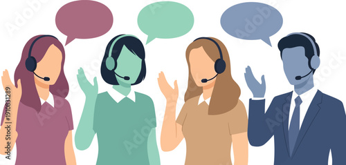 A group of customer service representatives wearing headsets and speaking with customers
