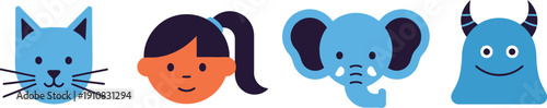 A set of colorful cartoon animal and human face icons in a flat design style