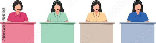 A vector graphic illustration of four female operators wearing headsets and sitting at colorful desks