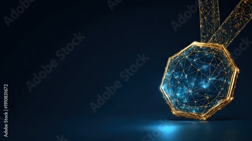 A digital award medal gleaming with intricate network lines against a dark background, representing excellence in the digital sphere. ..Created with Generative AI, not depicting real subjects.
