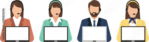 A vector graphic illustration of four customer service representatives working on laptops with headsets