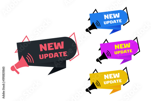 Set of color banners with new update and vector megaphone design without background