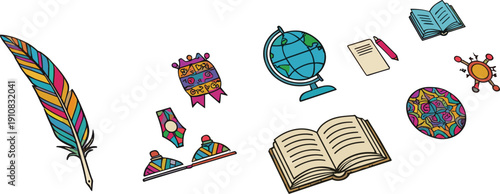 Creative education icons set with books globe feather stationery cultural learning symbols for school study knowledge illustration
