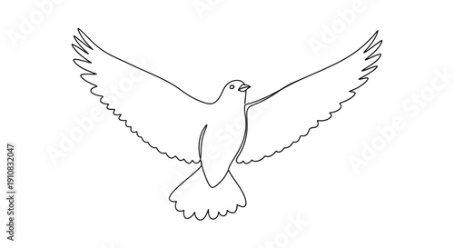 Dove flying, line art illustration, symbol of peace, hope, freedom, white background