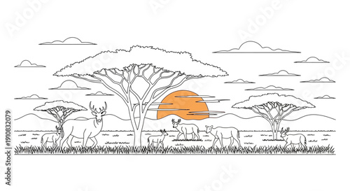 African Savannah Landscape with Animals and Sunset - Line Art Illustration