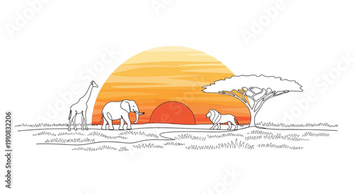 African Safari Sunset Silhouette: Elephant, Giraffe, Lion, Acacia Tree