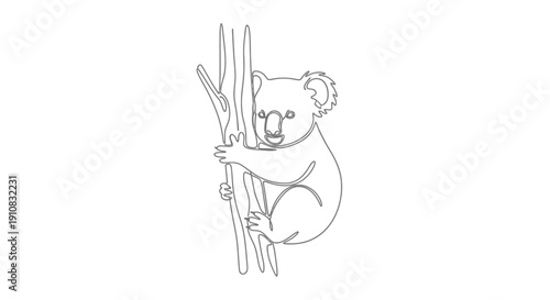 Minimalist single line drawing of a koala clinging to a tree branch, cute animal art.