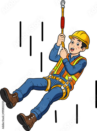 construction worker wearing body harness falls and is left hanging