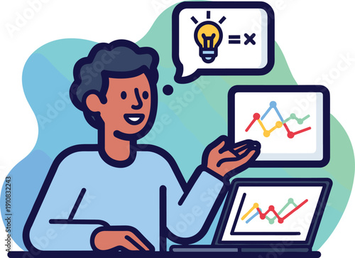 Creative student analyzing data charts with laptop and tablet while generating ideas symbolized by light bulb concept in modern education flat illustration