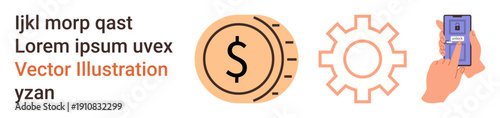 Fintech, transactions, money flow, technology settings, mobile payments, digital solutions. Visuals include a dollar coin, gear icon and hand holding a phone. Fintech and transactions concept
