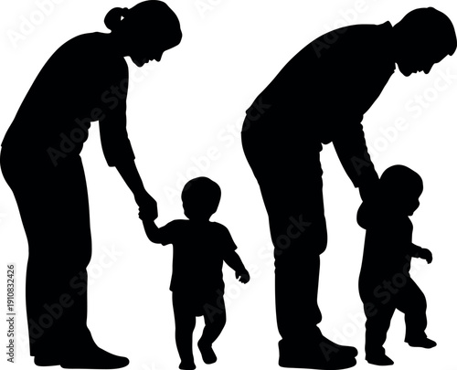 Parents silhouette helping toddlers take first steps for family growth