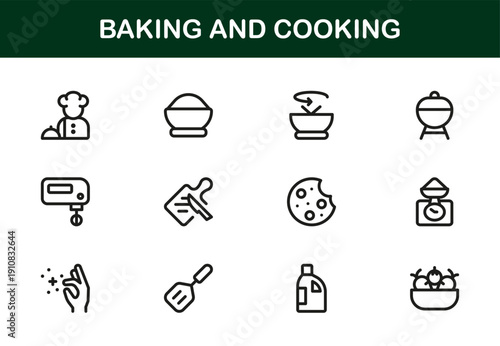 Baking and Cooking Modern Line Icon Collection. Professional minimal vector icons representing home kitchen tasks, baking desserts, cooking meals, and chef tools