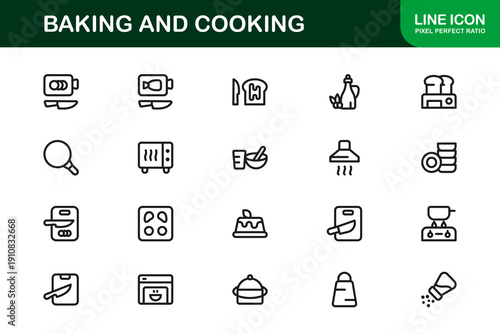 Baking and Cooking Modern Line Icon Pack. Professional minimal vector set visualizing kitchen workflow, baking essentials, meal creation, and culinary techniques